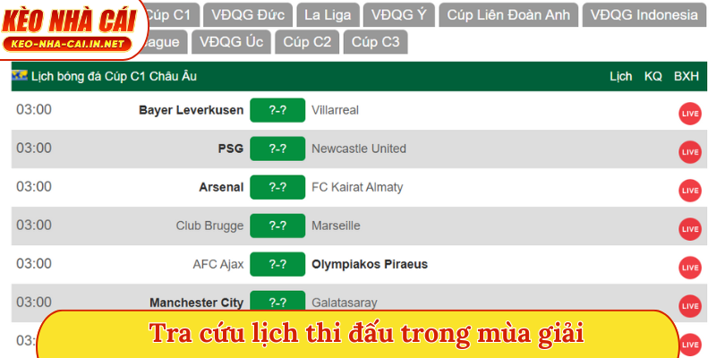 Tra cứu lịch thi đấu trong mùa giải